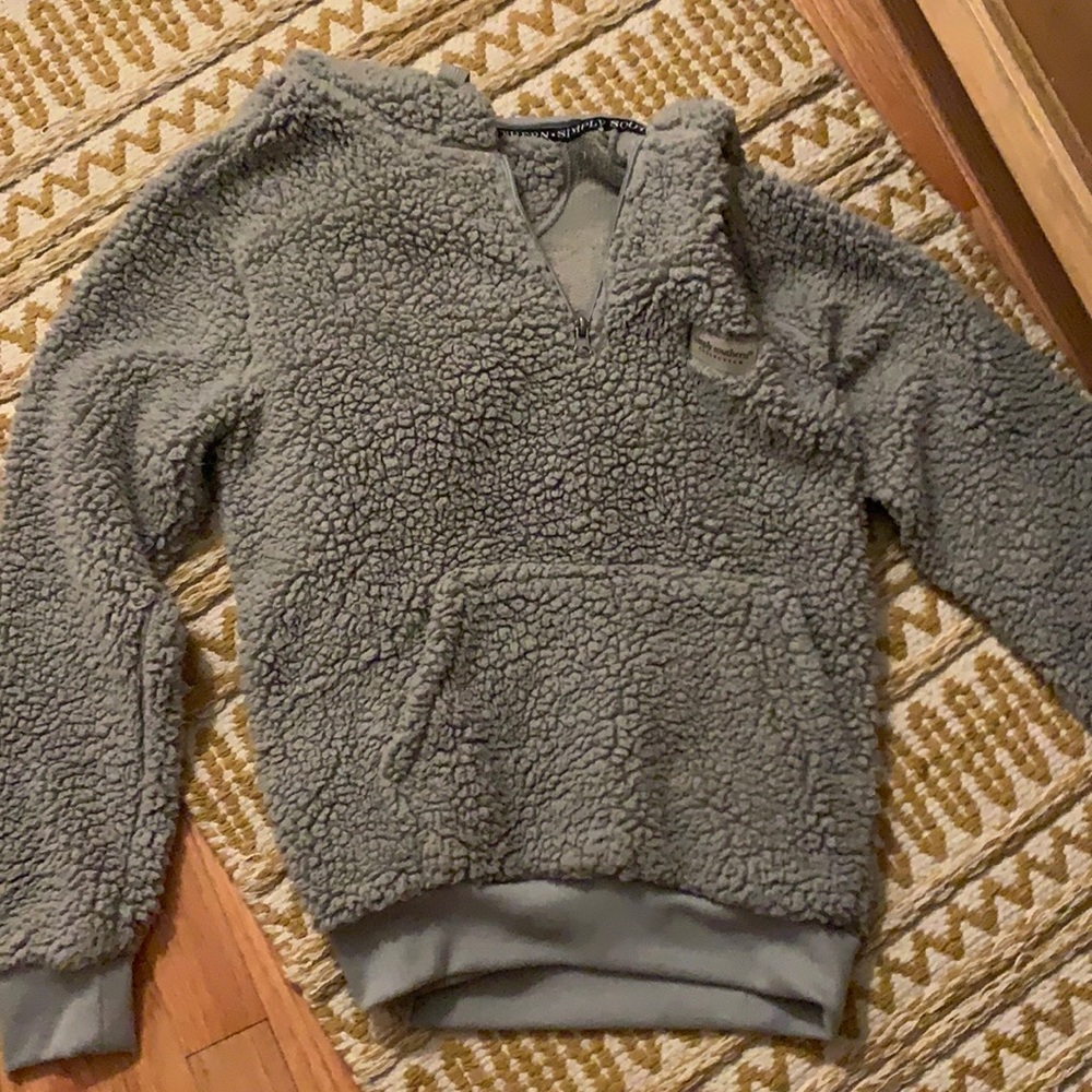 grey fuzzy fleece sweatshirt